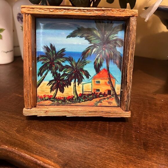 LOBSTER TRAP ART "Cottage On The Shore“ Ceramic tile with wood frame 5" - Picture 1 of 6